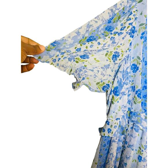 LC Lauren Conrad Floral Pleated Empire Waist Chiffon V Neck Midi Dress Blue 3X - Picture 2 of 12